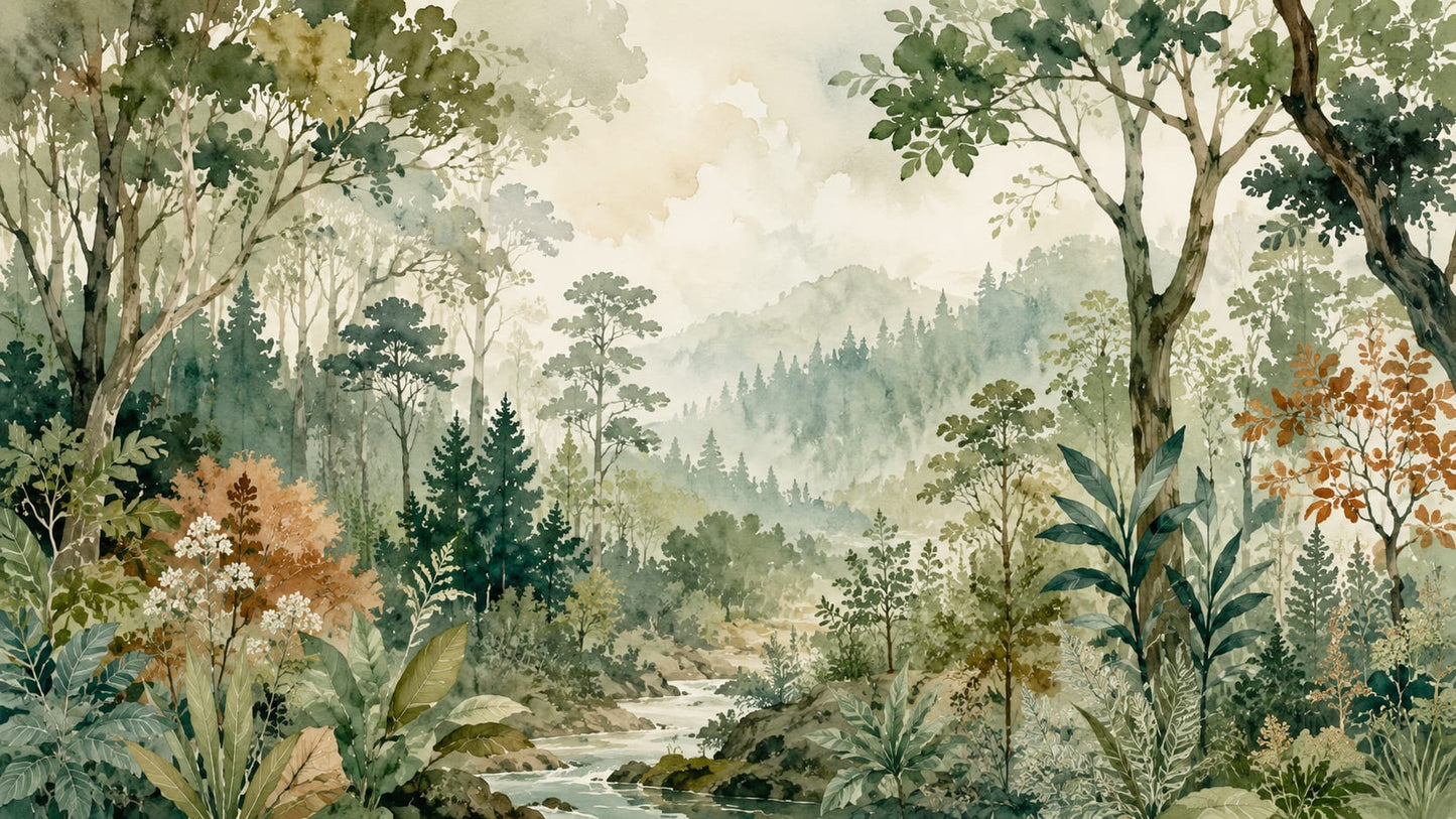 Serene Painterly Sage Green Forest Landscape featuring Stream and Botanical Foliage - Wall Mural & Peel and Stick Wallpaper for Watercolor Interiors and Premium Home Styling