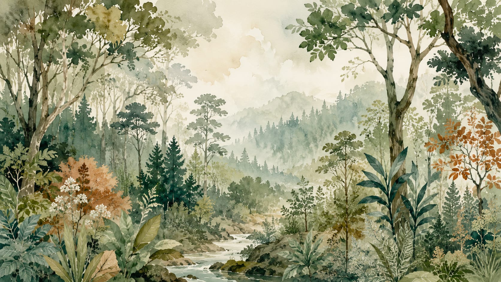 Serene Painterly Sage Green Forest Landscape featuring Stream and Botanical Foliage - Wall Mural & Peel and Stick Wallpaper for Watercolor Interiors and Premium Home Styling
