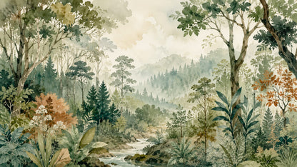 Serene Painterly Sage Green Forest Landscape featuring Stream and Botanical Foliage - Wall Mural & Peel and Stick Wallpaper for Watercolor Interiors and Premium Home Styling