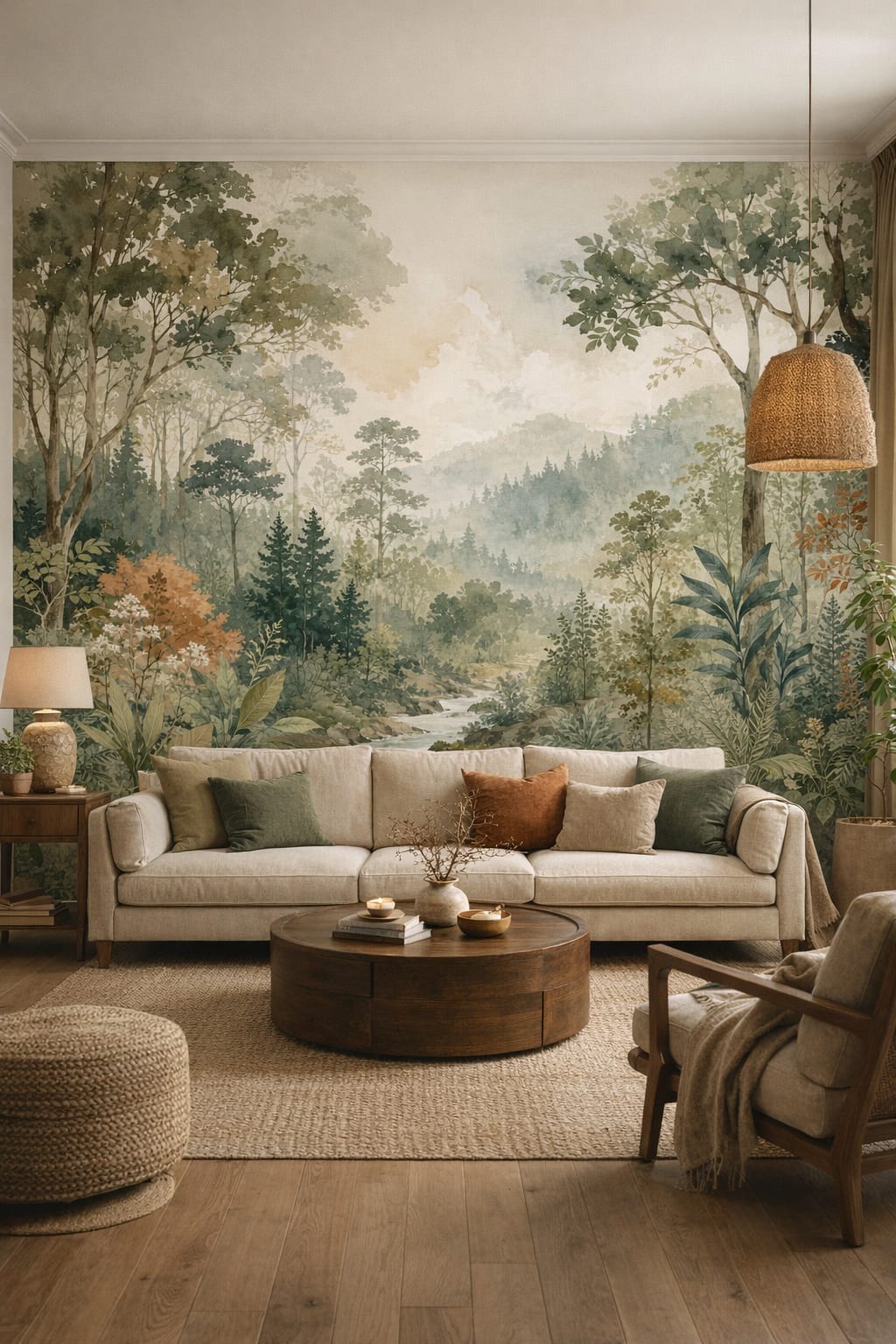 Green neutral Biophilic Design forest landscape featuring stream - Wall Mural Peel and Stick Wallpaper for Biophilic Design Living Room.