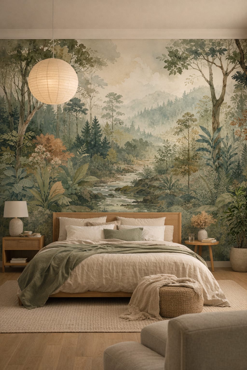 Sand Japandi forest landscape featuring stream - Wall Mural Peel and Stick Wallpaper for Japandi Master Bedroom.