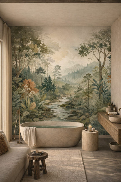 Wabi-sabi earth-tone forest landscape featuring stream - Wall Mural Peel and Stick Wallpaper for Wabi-sabi Luxury Bathroom.