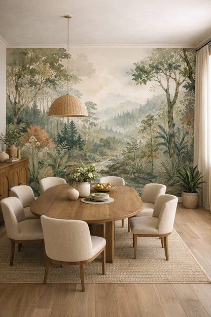 Mediterranean Modern sand-toned forest landscape featuring stream - Wall Mural Peel and Stick Wallpaper for Mediterranean Modern Formal Dining Room.