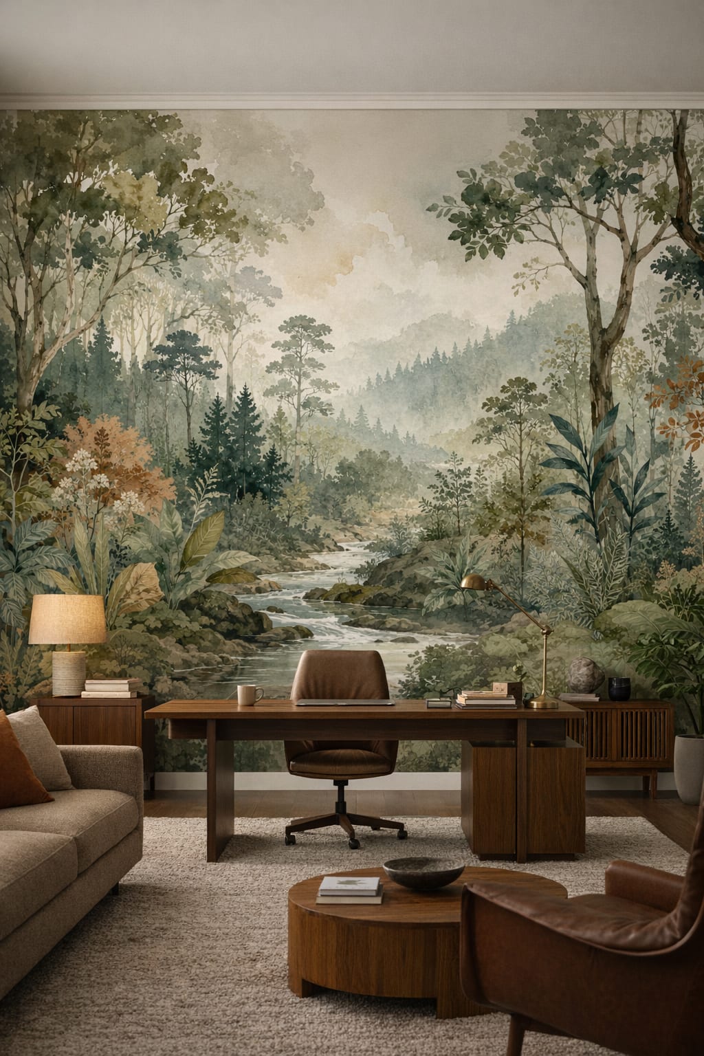 Green Brazilian Modernism forest landscape featuring stream - Wall Mural Peel and Stick Wallpaper for Brazilian Modernism Executive Home Office.