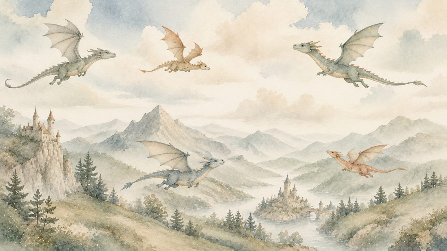 Whimsical Dreamy Sage Green Dragons featuring fantasy castles and mountain landscape - Wall Mural & Peel and Stick Wallpaper for Watercolor Nursery or Kids Room