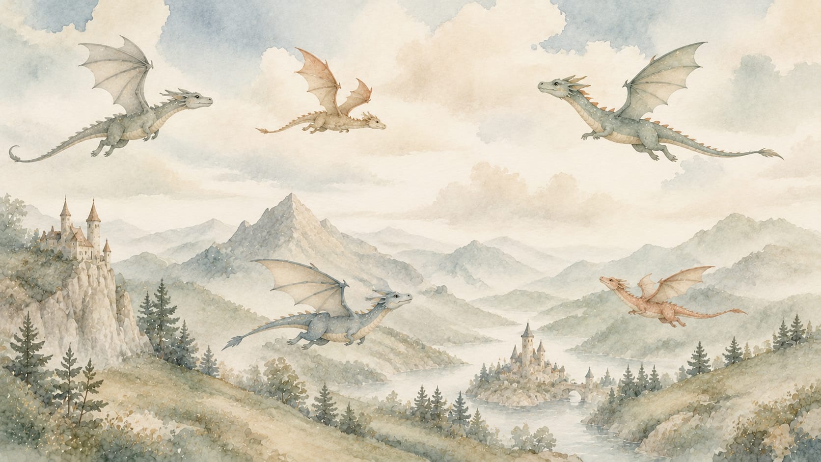 Whimsical Dreamy Sage Green Dragons featuring fantasy castles and mountain landscape - Wall Mural & Peel and Stick Wallpaper for Watercolor Nursery or Kids Room