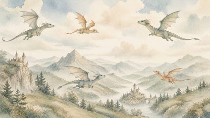 Whimsical Dreamy Sage Green Dragons featuring fantasy castles and mountain landscape - Wall Mural & Peel and Stick Wallpaper for Watercolor Nursery or Kids Room