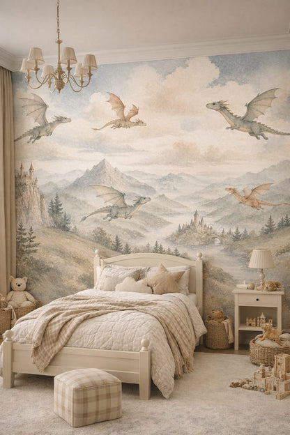 Classic Storybook dusty rose dragons featuring fantasy castles - Wall Mural Peel and Stick Wallpaper for Classic Storybook Kids Bedroom.