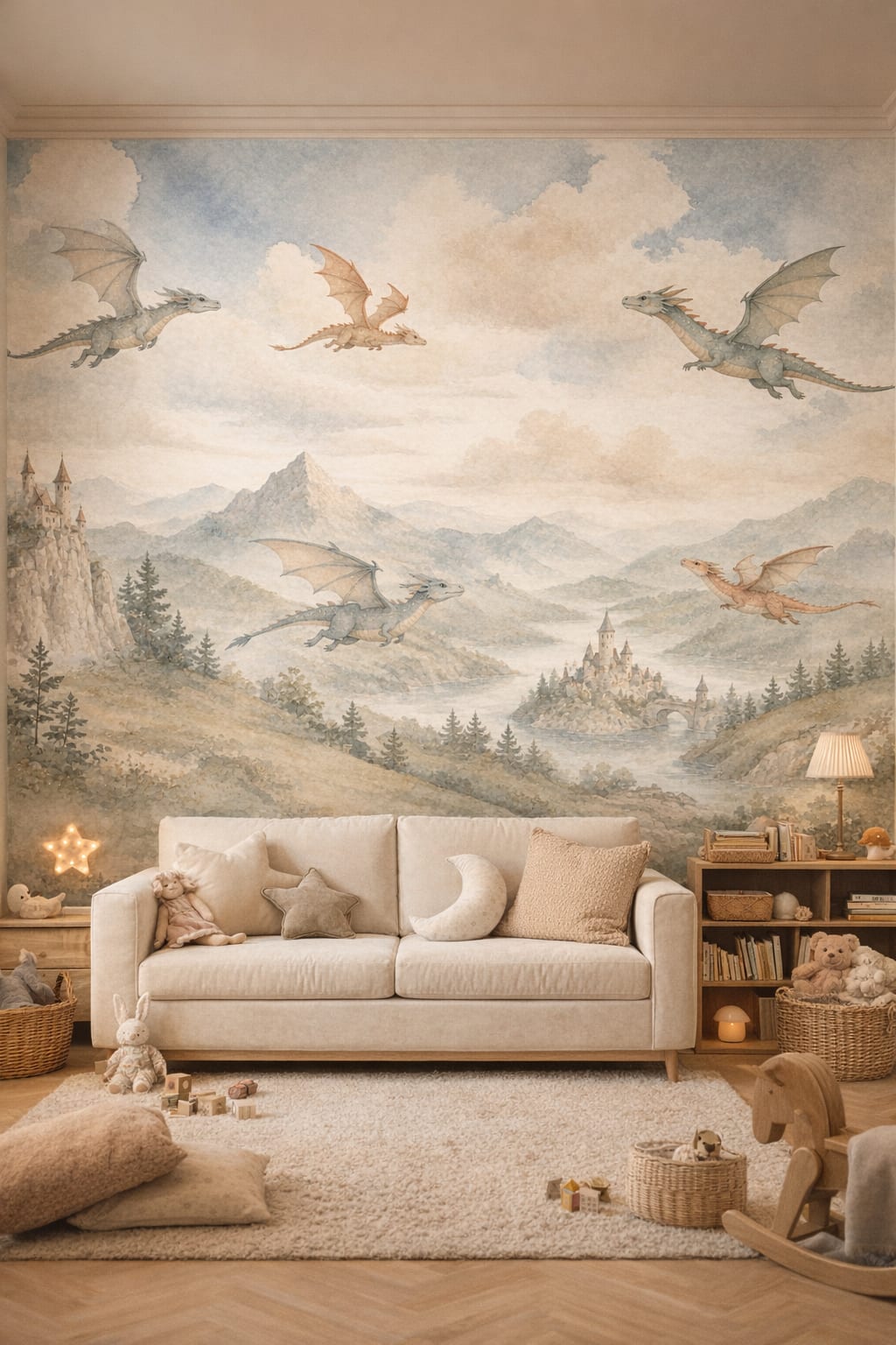 Light gray Scandi Kids dragons featuring fantasy castles - Wall Mural Peel and Stick Wallpaper for Scandi Kids Reading Corner.