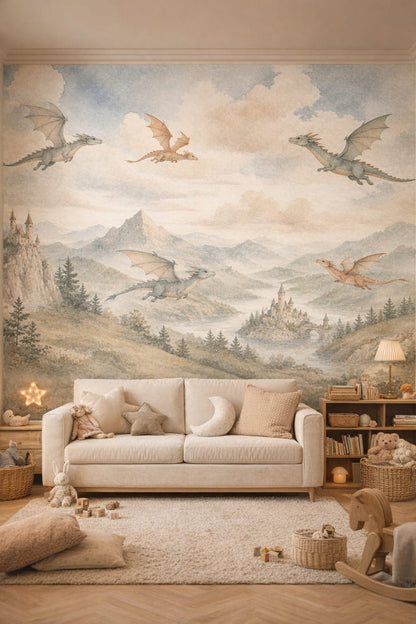 Light gray Scandi Kids dragons featuring fantasy castles - Wall Mural Peel and Stick Wallpaper for Scandi Kids Reading Corner.