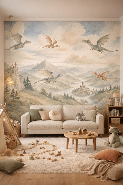 Woodland, moss green dragons featuring fantasy castles - Wall Mural Peel and Stick Wallpaper for Woodland / Forest Playroom.