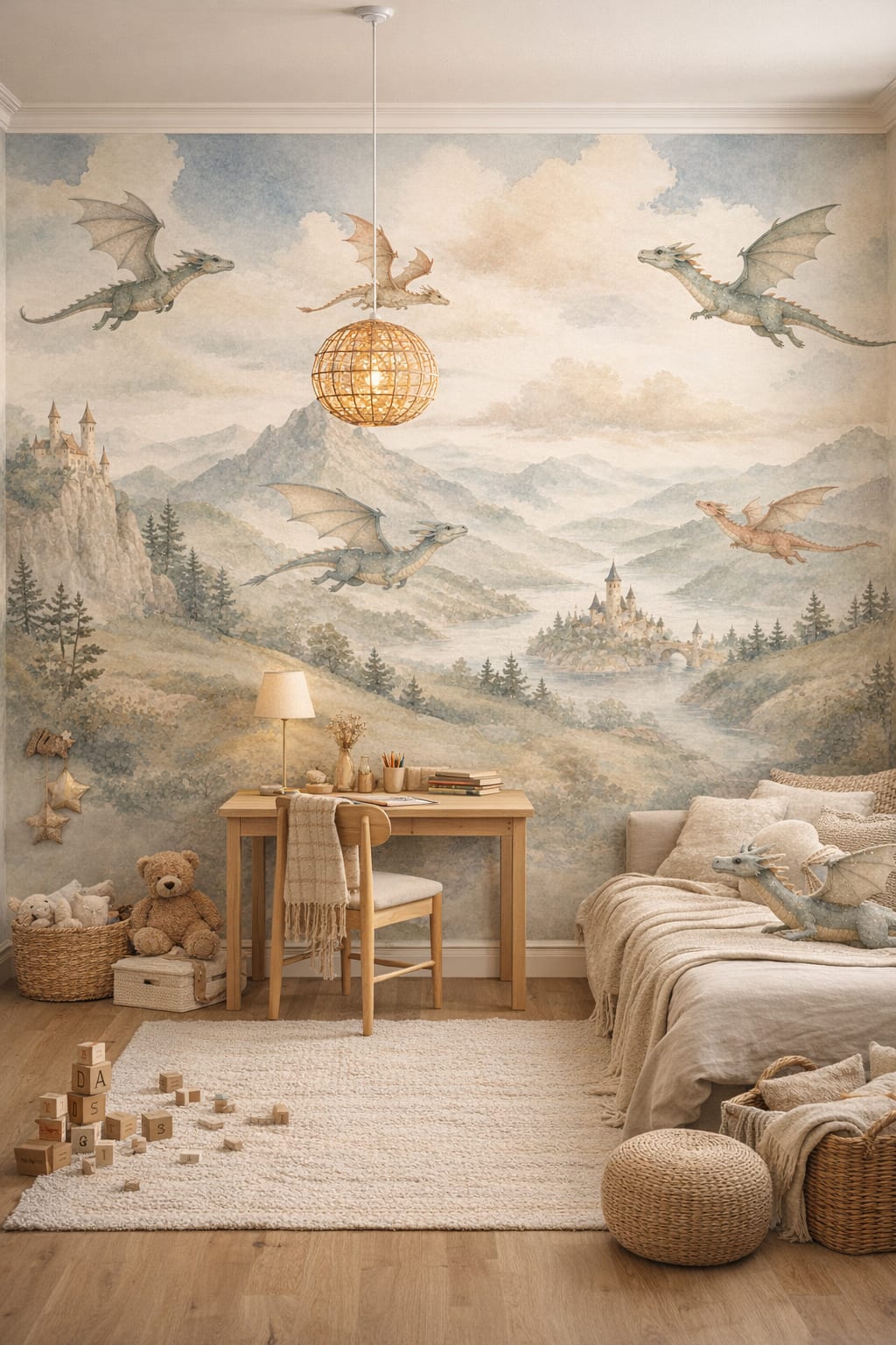 Whimsical Boho terracotta dragons featuring fantasy castles - Wall Mural Peel and Stick Wallpaper for Whimsical Boho Homework / Study Corner.
