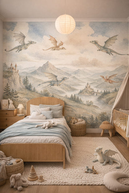 Teal walnut dragons featuring fantasy castles - Wall Mural Peel and Stick Wallpaper for Mid-century Kids Kids Bedroom.