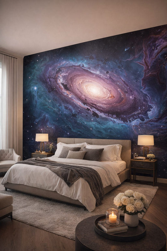 Luxury Contemporary neutral-stone spiral galaxy featuring starfield - Wall Mural Peel and Stick Wallpaper for Luxury Contemporary Master Bedroom.