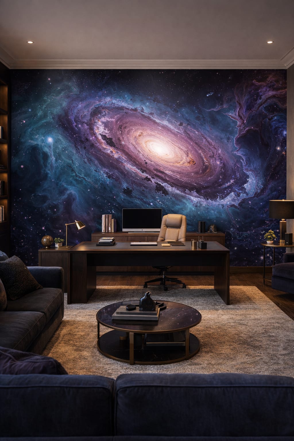High-tech black-gray spiral galaxy featuring starfield - Wall Mural Peel and Stick Wallpaper for High-tech Executive Home Office.