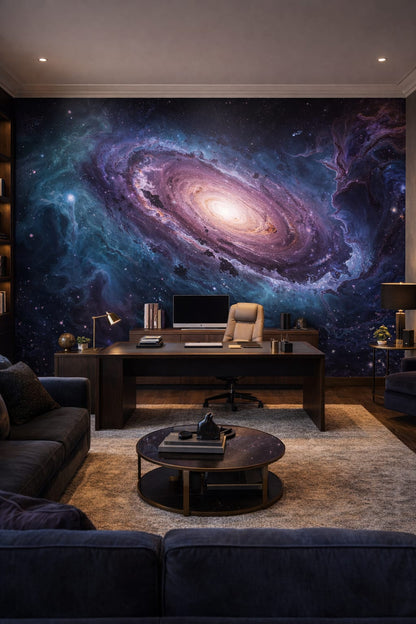 High-tech black-gray spiral galaxy featuring starfield - Wall Mural Peel and Stick Wallpaper for High-tech Executive Home Office.