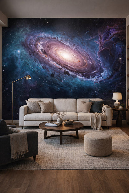 Modern (Modernist) monochrome spiral galaxy featuring starfield - Wall Mural Peel and Stick Wallpaper for Modern (Modernist) Living Room.