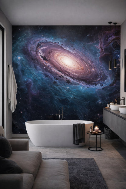 Monochrome tonal spiral galaxy featuring starfield - Wall Mural Peel and Stick Wallpaper for Monochrome Luxury Bathroom.