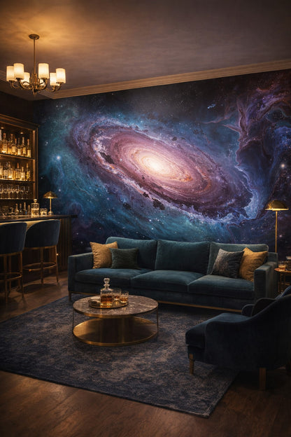 Art Deco black-gold spiral galaxy featuring starfield - Wall Mural Peel and Stick Wallpaper for Art Deco Bar/Lounge.