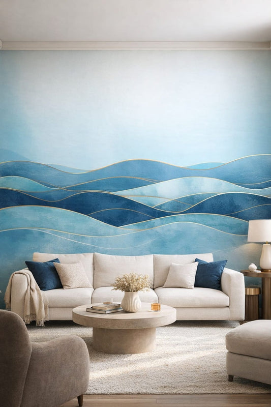 Greige quiet-luxury abstract waves featuring gold linework - Wall Mural Peel and Stick Wallpaper for Quiet Luxury Living Room.