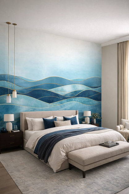 Luxury Contemporary, warm-neutral abstract waves featuring gold linework - Wall Mural Peel and Stick Wallpaper for Luxury Contemporary Master Bedroom.