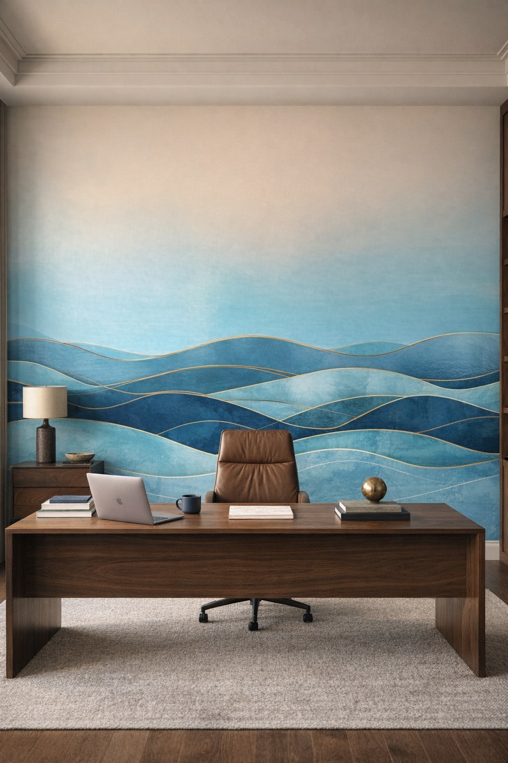 Modern (Modernist) soft-blue abstract waves featuring gold linework - Wall Mural Peel and Stick Wallpaper for Modern (Modernist) Executive Home Office.
