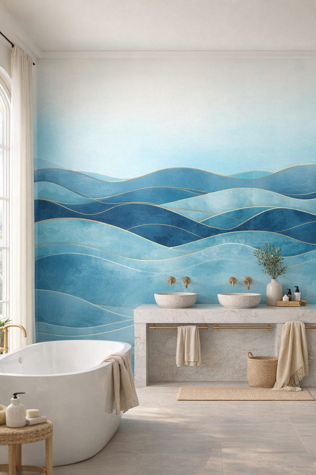 Mediterranean Modern blue-toned abstract waves featuring gold linework - Wall Mural Peel and Stick Wallpaper for Mediterranean Modern Luxury Bathroom.