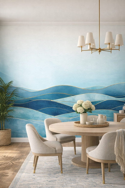 Coastal blue-sand abstract waves featuring gold linework - Wall Mural Peel and Stick Wallpaper for Coastal Formal Dining Room.