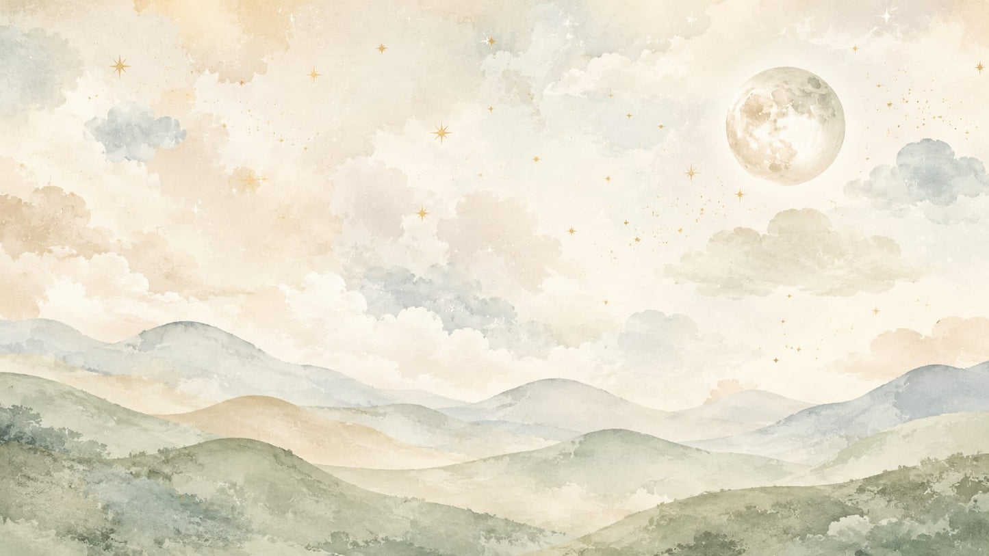 Ethereal Painterly Cream Moonlit Landscape featuring clouds and stars - Wall Mural & Peel and Stick Wallpaper for Dreamy Interiors and Premium Home Styling