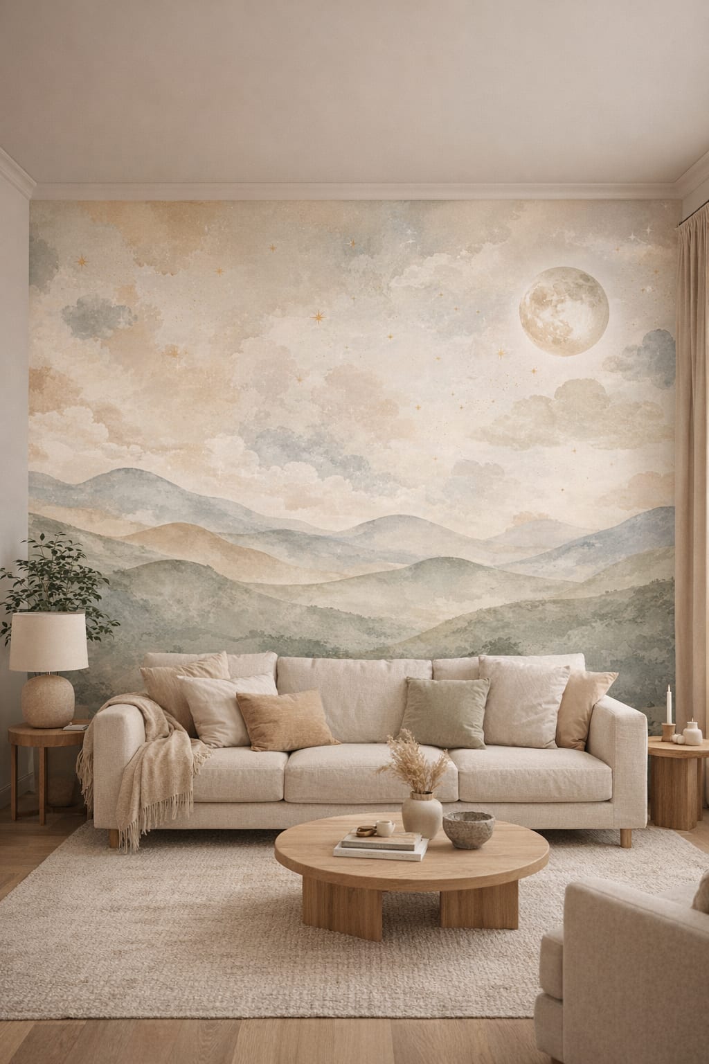 Cream Sand moonlit landscape featuring clouds - Wall Mural Peel and Stick Wallpaper for Organic Modern Living Room.