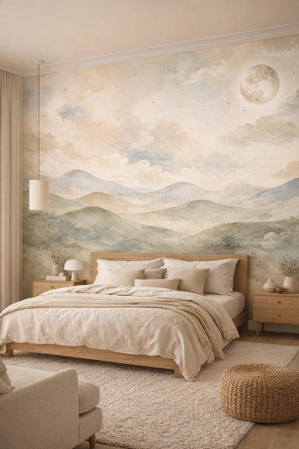 Japandi sand-toned moonlit landscape featuring clouds - Wall Mural Peel and Stick Wallpaper for Japandi Master Bedroom.