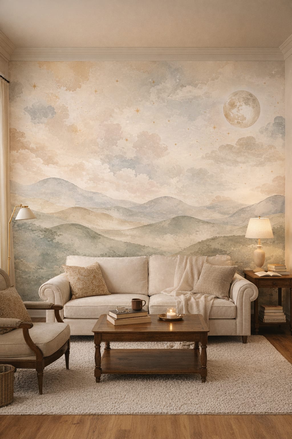 Cream-toned Light Academia moonlit landscape featuring clouds - Wall Mural Peel and Stick Wallpaper for Light Academia Reading Room.