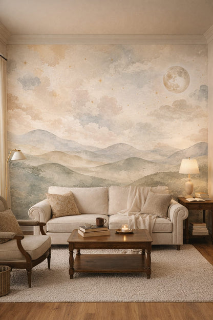 Cream-toned Light Academia moonlit landscape featuring clouds - Wall Mural Peel and Stick Wallpaper for Light Academia Reading Room.