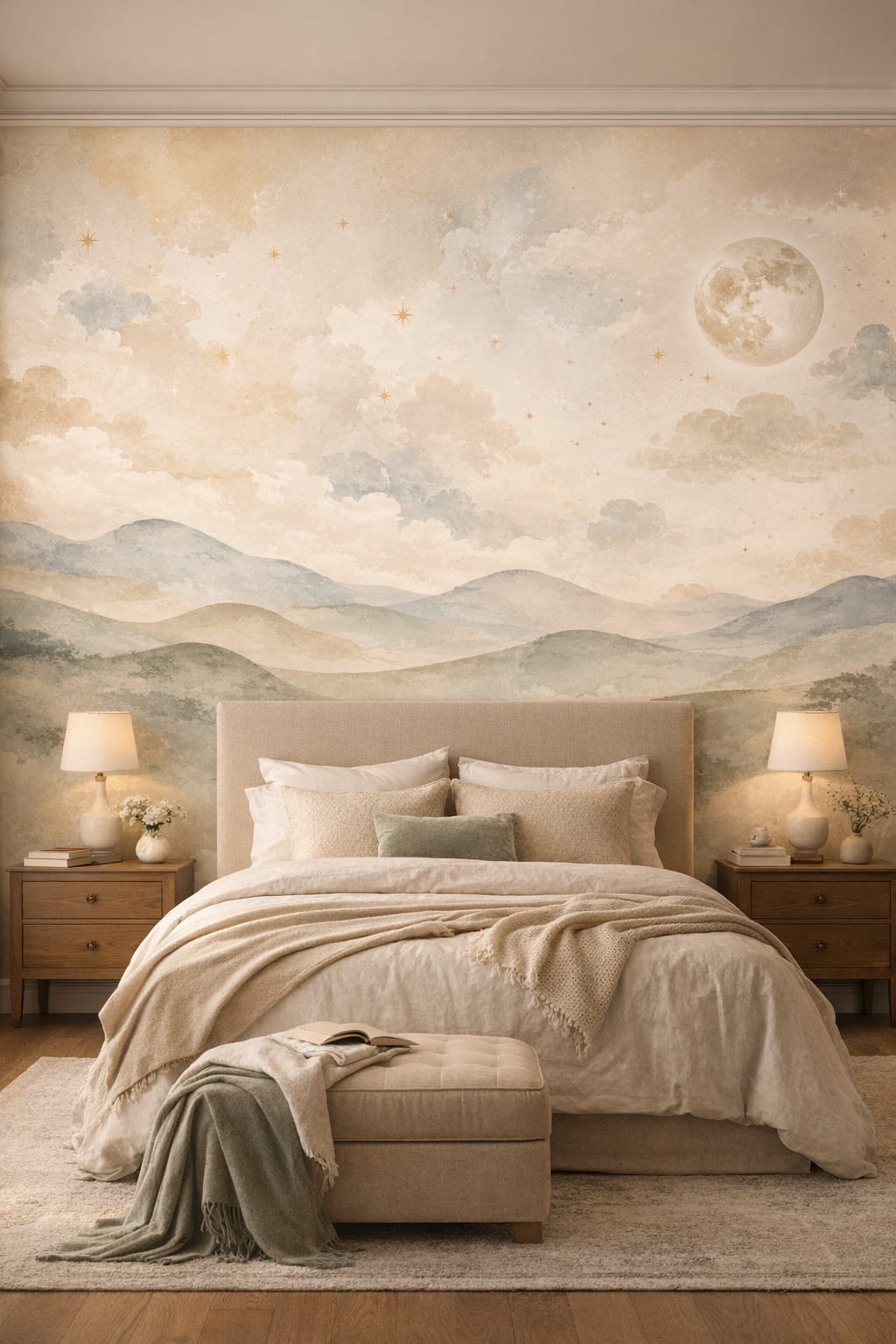 Cream-toned Modern Classic moonlit landscape featuring clouds - Wall Mural Peel and Stick Wallpaper for Modern Classic Guest Bedroom.