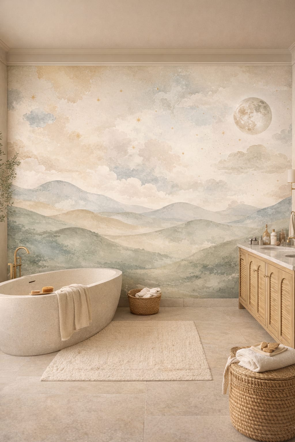Mediterranean sand-toned moonlit landscape featuring clouds - Wall Mural Peel and Stick Wallpaper for Mediterranean Modern Luxury Bathroom.