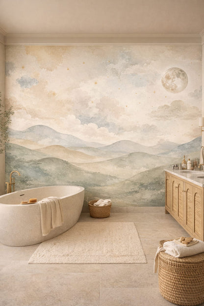 Mediterranean sand-toned moonlit landscape featuring clouds - Wall Mural Peel and Stick Wallpaper for Mediterranean Modern Luxury Bathroom.