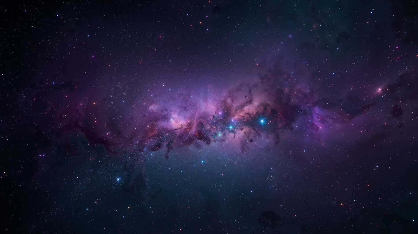 Dreamy celestial Purple galaxy featuring stars and nebula - Wall Mural & Peel and Stick Wallpaper for Photographic Nursery or Kids Room.
