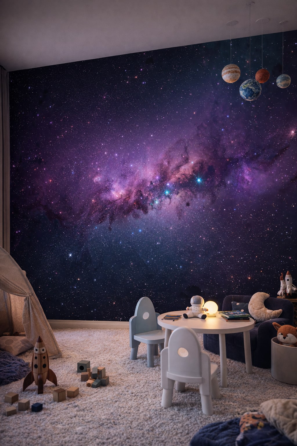 Space Age white-silver galaxy featuring stars - Wall Mural Peel and Stick Wallpaper for Space Age Playroom.
