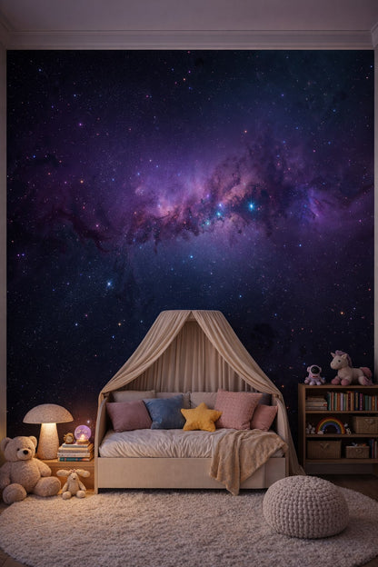 Pop Art, primary-bold galaxy featuring stars - Wall Mural Peel and Stick Wallpaper for Pop Art Reading Corner.