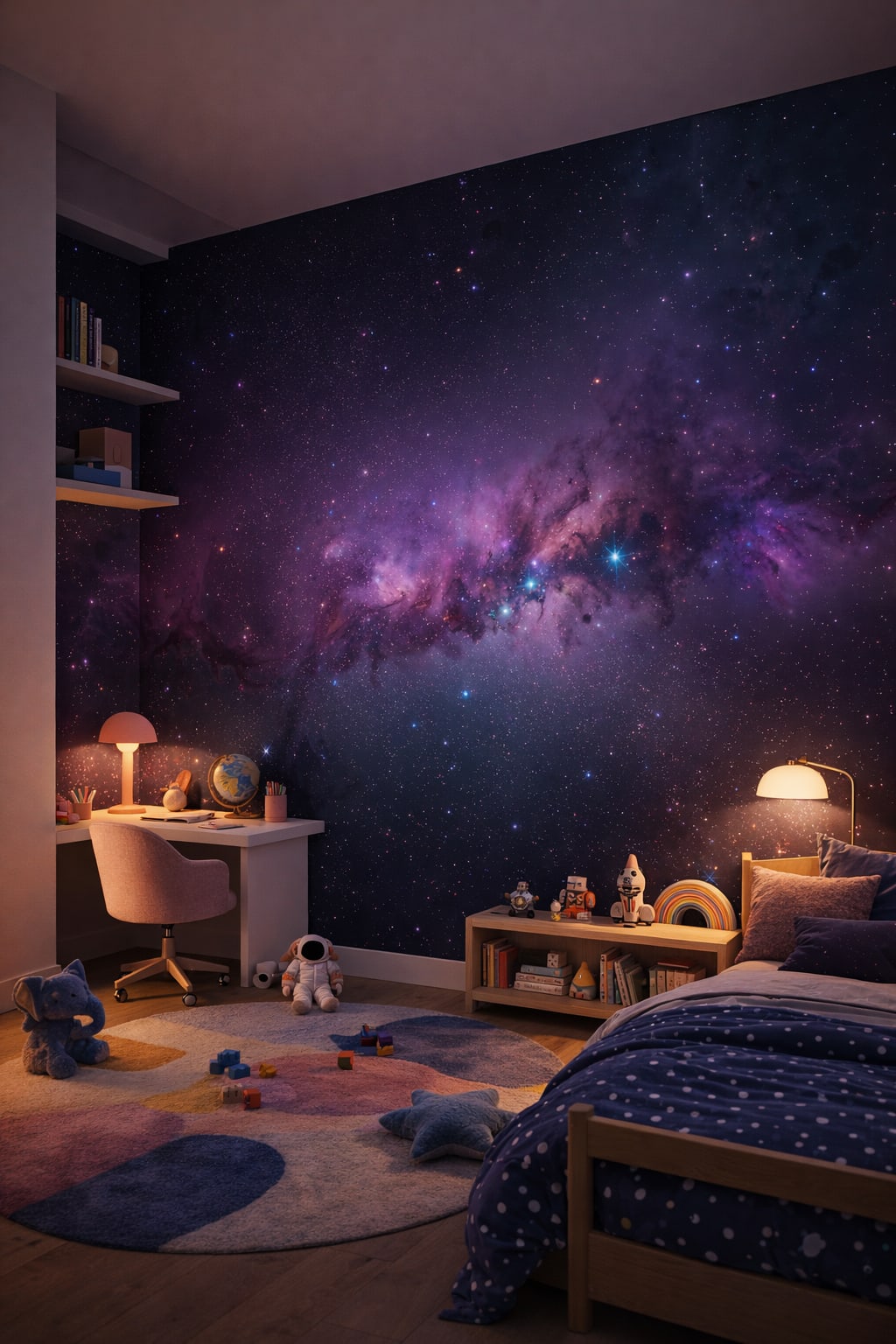 Memphis brights galaxy featuring stars - Wall Mural Peel and Stick Wallpaper for Memphis Homework / Study Corner.