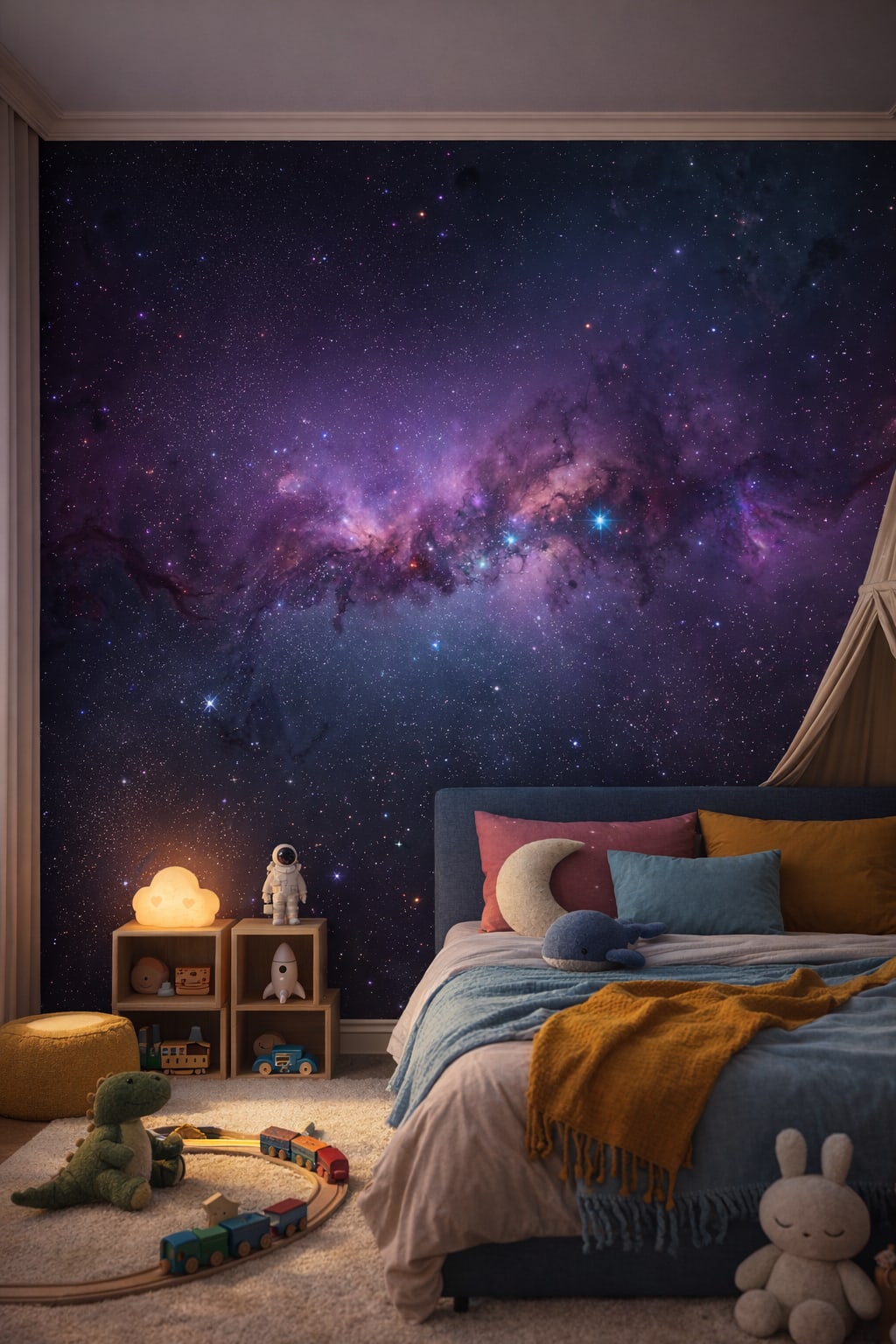 Color Blocking high-contrast galaxy featuring stars - Wall Mural Peel and Stick Wallpaper for Color Blocking Kids Bedroom.