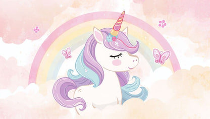 Whimsical dreamy Pink unicorn featuring rainbow, clouds and butterflies - Wall Mural & Peel and Stick Wallpaper for Whimsical Nursery or Kids Room