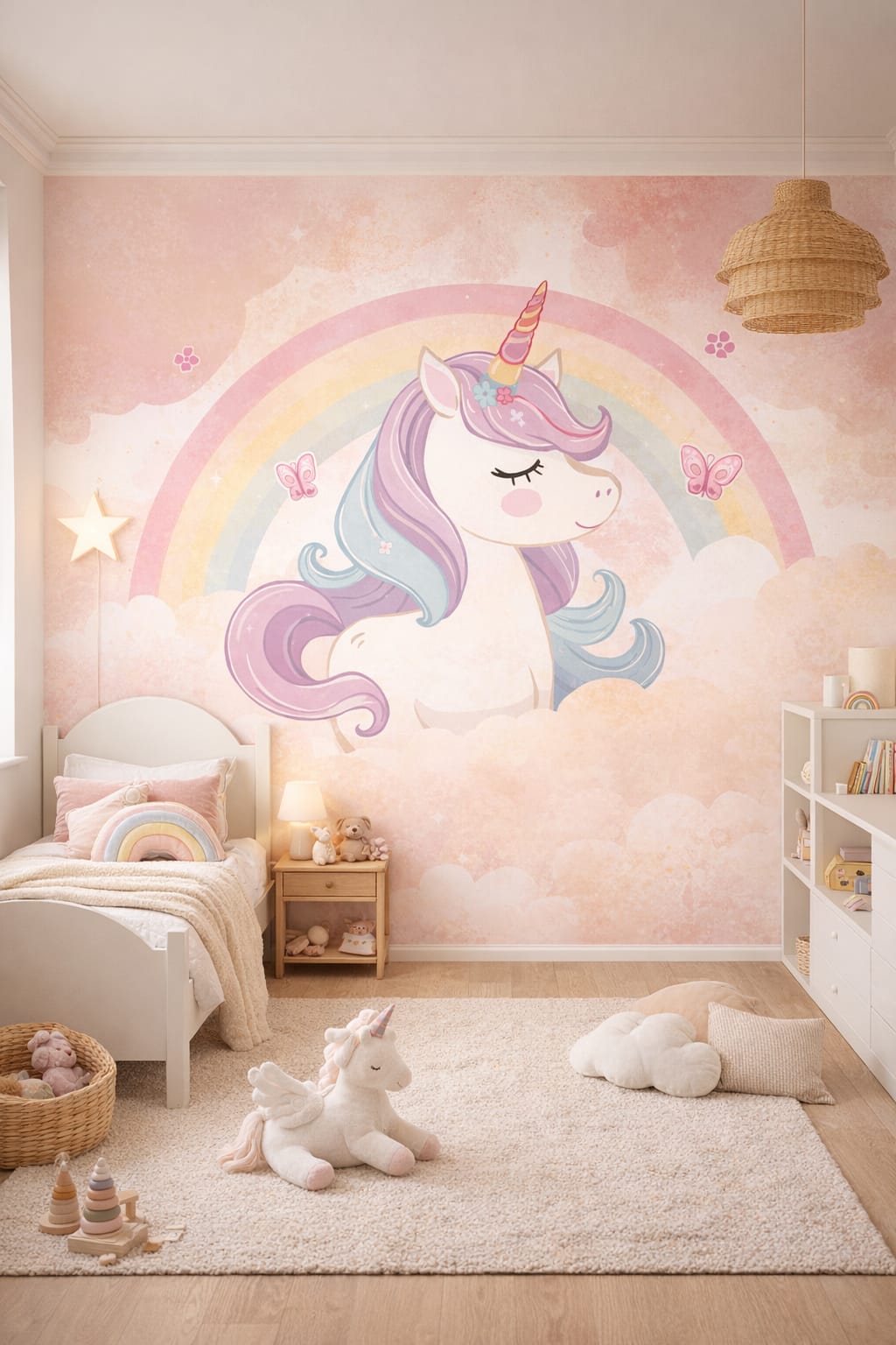 Scandi Kids, birch-white unicorn featuring rainbow - Wall Mural Peel and Stick Wallpaper for Scandi Kids Kids Bedroom.