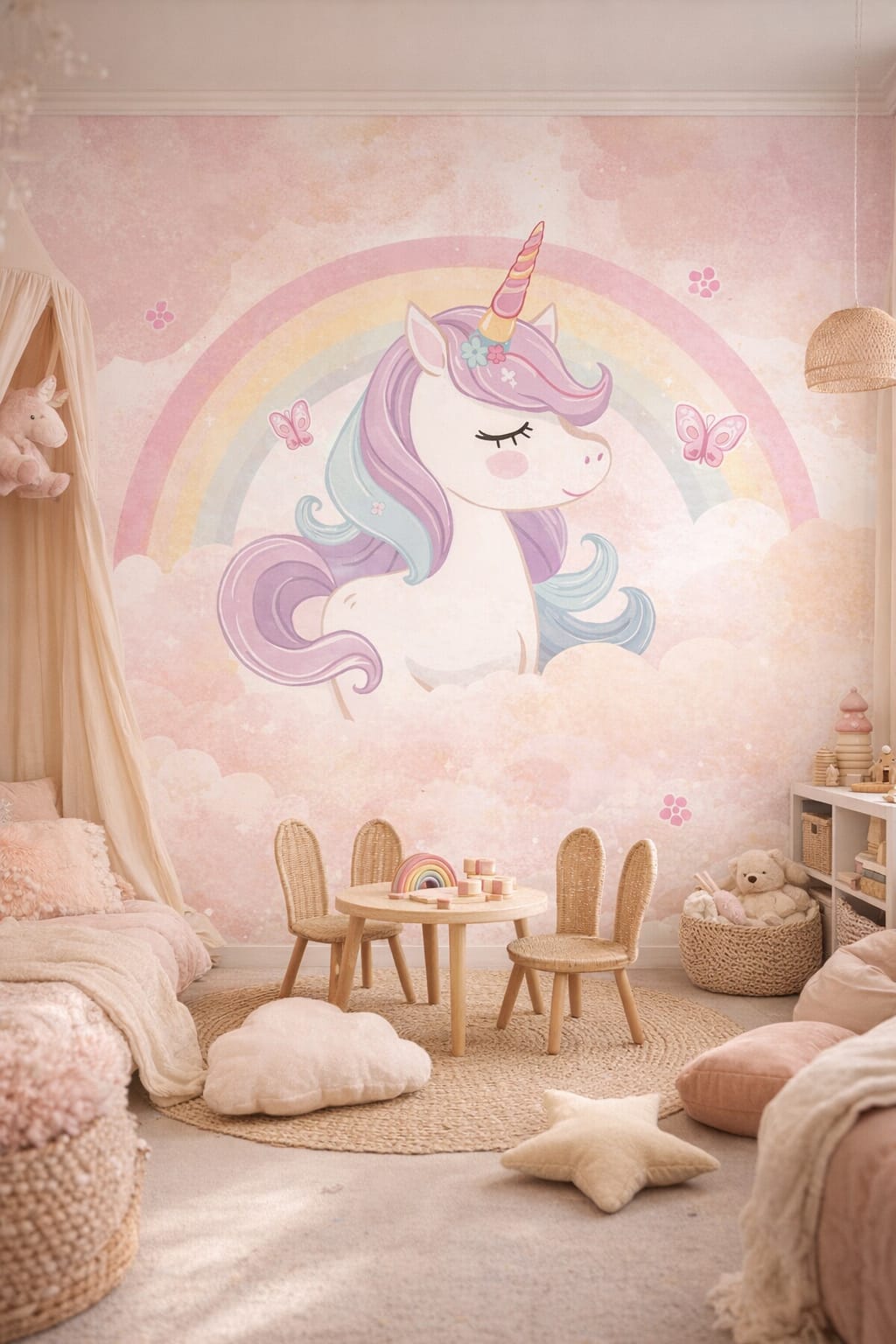 Whimsical Boho terracotta-blush unicorn featuring rainbow - Wall Mural Peel and Stick Wallpaper for Whimsical Boho Playroom.