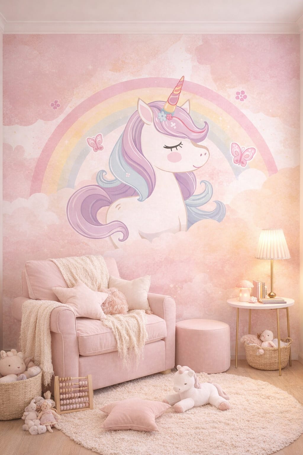 Pastel glam blush unicorn featuring rainbow - Wall Mural Peel and Stick Wallpaper for Pastel Glam Nursery Reading Corner.