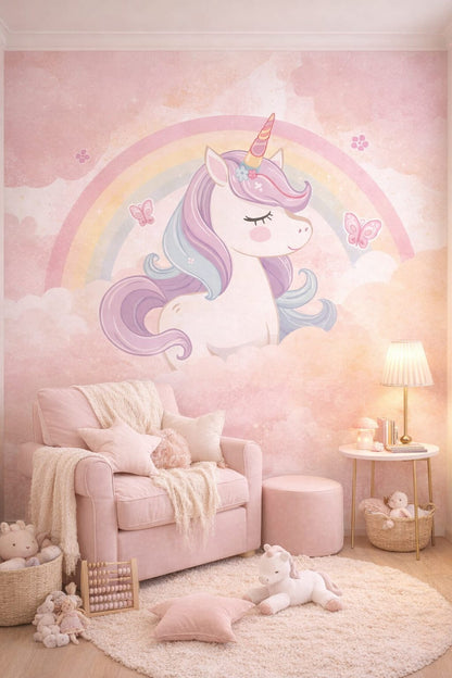 Pastel glam blush unicorn featuring rainbow - Wall Mural Peel and Stick Wallpaper for Pastel Glam Nursery Reading Corner.