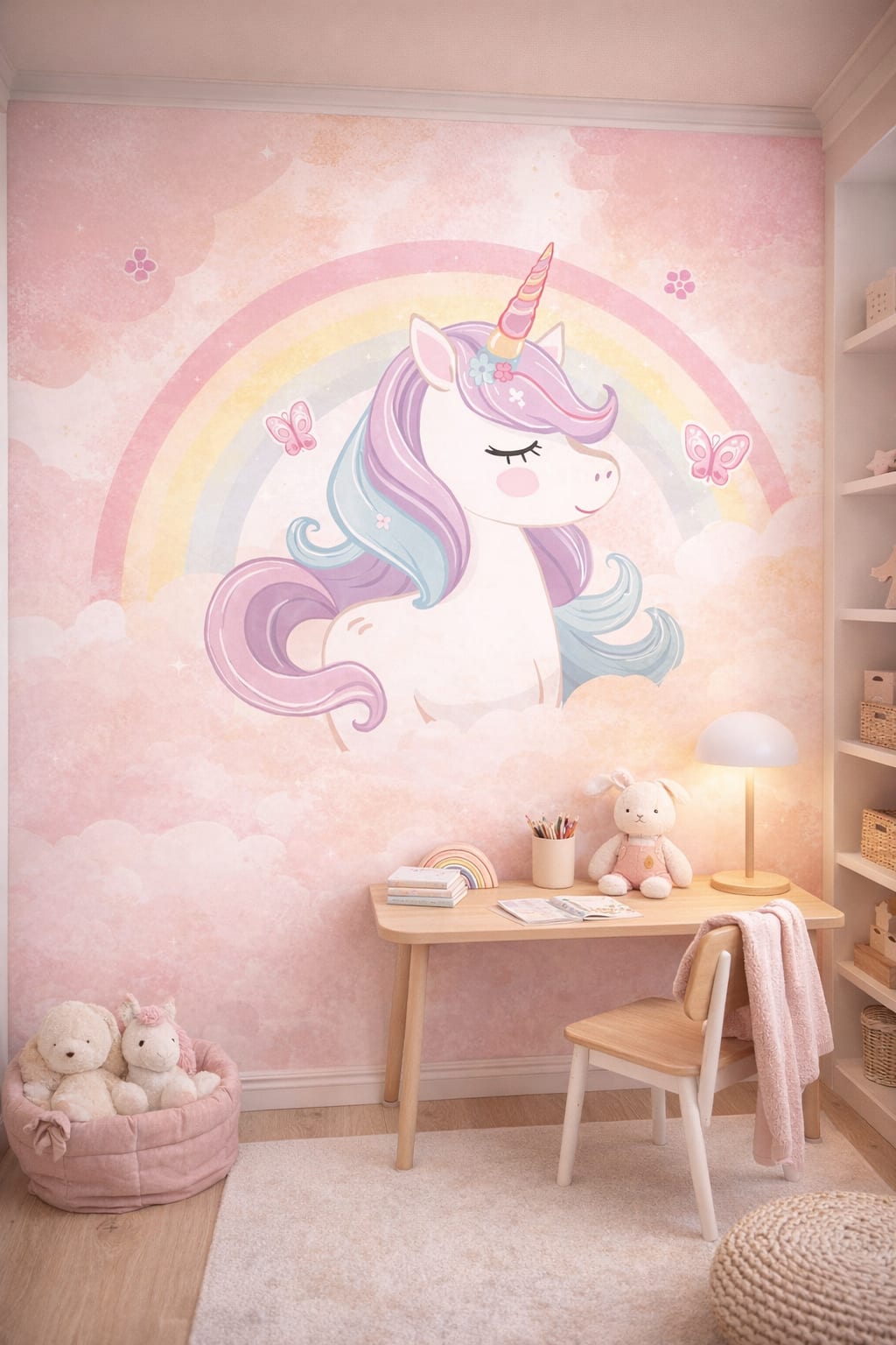 Modern Montessori neutral - Unicorn featuring rainbow - Wall Mural Peel and Stick Wallpaper for Modern Montessori Homework / Study Corner.