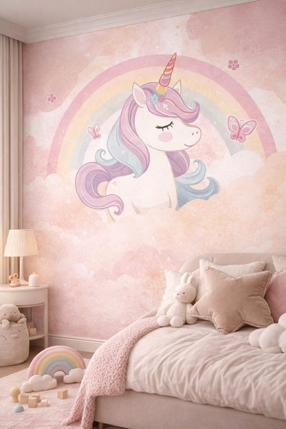 Memphis bright-pastel unicorn featuring rainbow - Wall Mural Peel and Stick Wallpaper for Memphis Kids Bedroom.