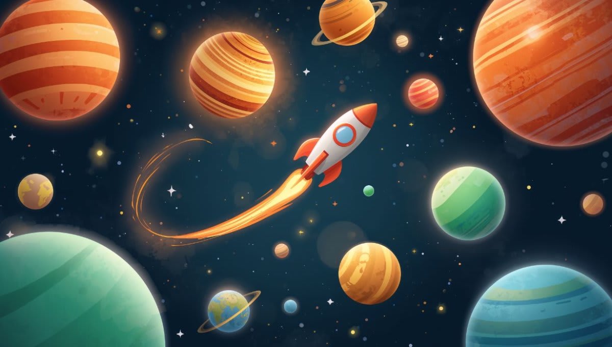 Playful whimsical Navy Blue space planets featuring a rocket ship and stars - Wall Mural & Peel and Stick Wallpaper for Whimsical Nursery or Kids Room.