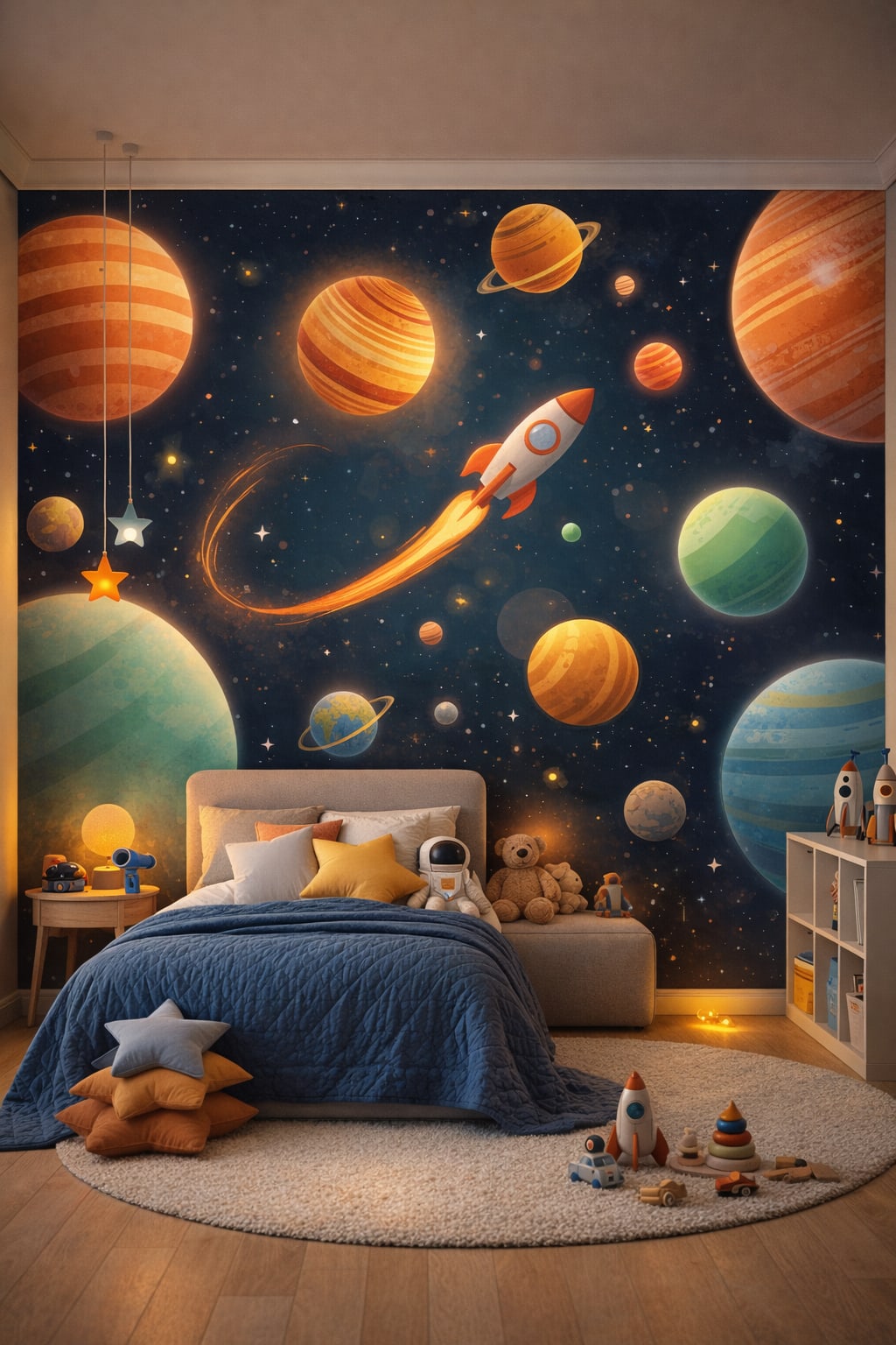 Navy celestial, silver cosmic space planets featuring stars - Wall Mural Peel and Stick Wallpaper for Outer Space / Celestial Kids Bedroom.